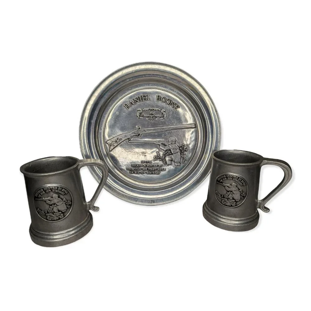 Vintage Pewter Plate & Mugs Featuring Daniel Boone & The Pennsylvania Rifle